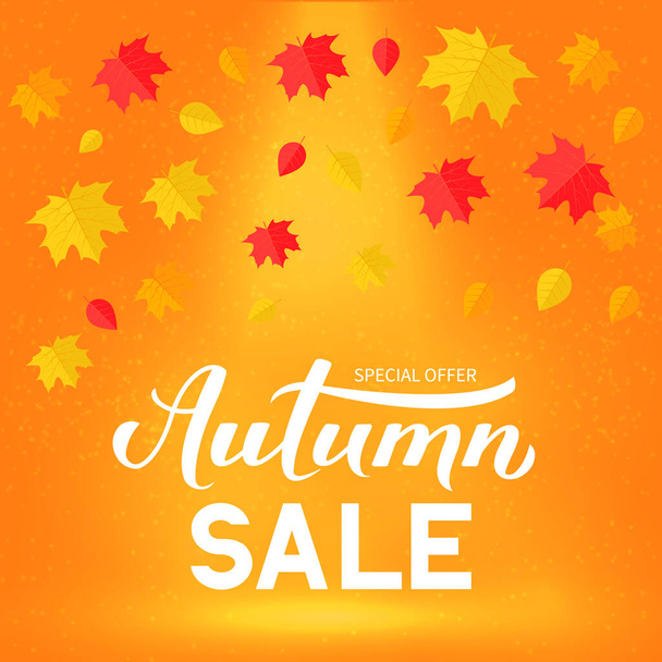 Autumn Sale calligraphy hand lettering with colorful fall leaves. Seasonal discount promotion banner. Easy to edit vector template for advertising poster, flyer, card, tag, label, etc. - Vektori, kuva