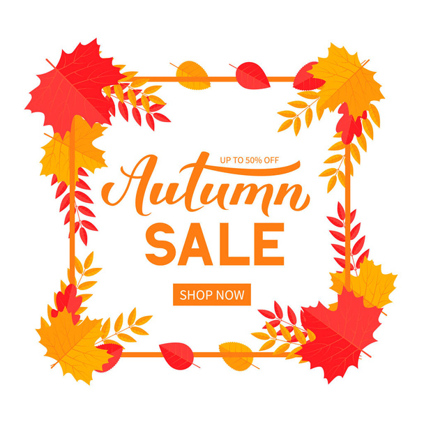 Autumn Sale calligraphy hand lettering with colorful fall leaves and frame. Seasonal discount promotion banner. Easy to edit vector template for advertising poster, flyer, card, tag, label, etc. - ベクター画像