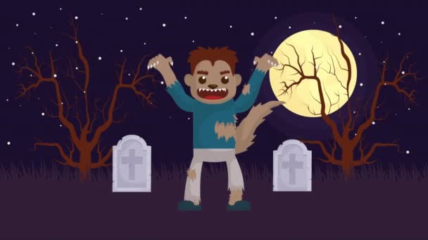 halloween ciemna scena z wilkołakiem na cmentarzu - Materiał filmowy, wideo