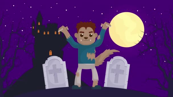 halloween oscuro escena con hombre lobo y castillo en el cementerio
 - Imágenes, Vídeo
