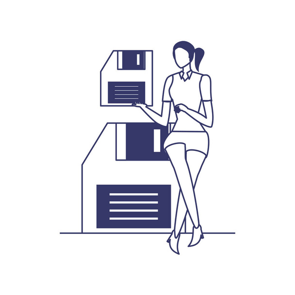 silueta de mujer con disquete en fondo blanco
 - Vector, Imagen