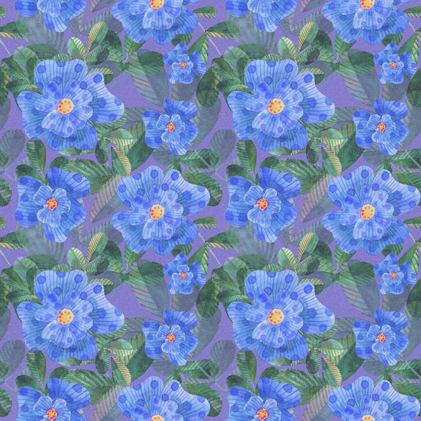 watercolor stylized blue dog roses seamless pattern on cobalt background - Foto, afbeelding