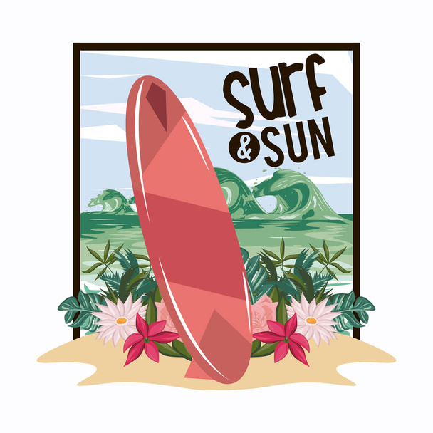 Sörf ve Güneş Yaz Kartı çizgi filmleri - Vektör, Görsel