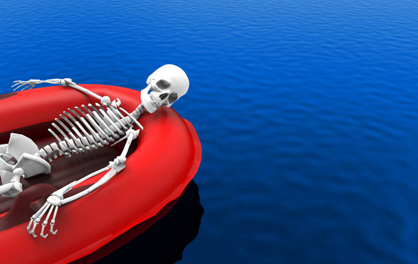 3Dレンダリング。青い水面を背景に一人で救命ボートの上に横たわる人間の骨格骨。クリッピングパスで. - 写真・画像