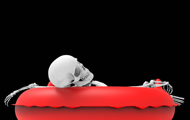 Rendement 3D. Un squelette humain allongé sur un canot de sauvetage rouge avec un chemin de coupe isolé sur fond noir
. - Photo, image