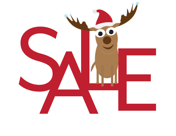Venda de Natal - Cervo bonito com chapéu de Santa sentado em letras vermelhas - Vetor, Imagem