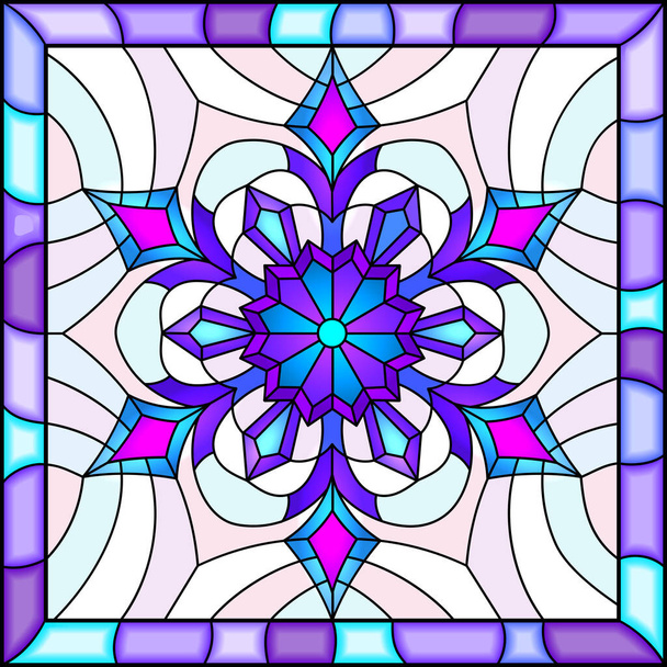 Illustration in stained glass style with snowflake in blue colors in a bright frame  - Vector, Image