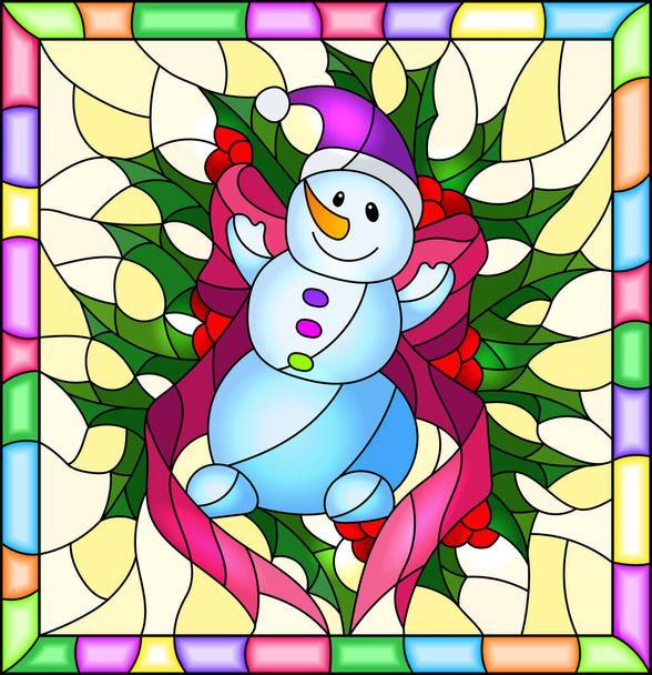 Illustration in stained glass style for New year and Christmas, snowman, Holly branches and ribbons on a yellow background in a bright frame - Vector, Image