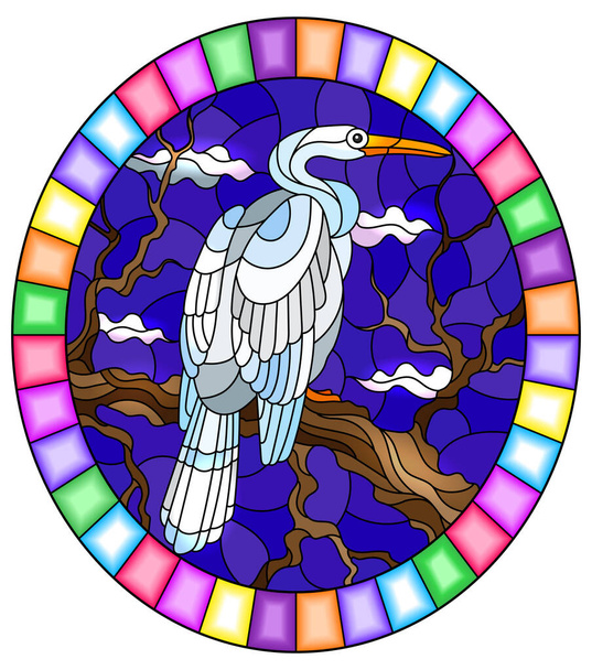 Иллюстрация в витражном стиле с белой птицей цаплей, сидящей на дереве на фоне болота и неба, овальное изображение в яркой рамке
 - Вектор,изображение