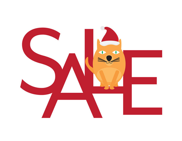 Christmas Sale - Cute Cat with Santa Hat Sitting on Red Letters - ベクター画像