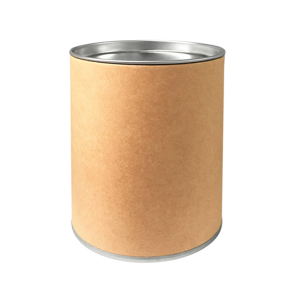 Scatola di cartone a forma di cilindro e cappuccio in acciaio isolato su sfondo bianco puro. Vasetto in alluminio per confezionamento snack. (percorso di ritaglio
 ) - Foto, immagini