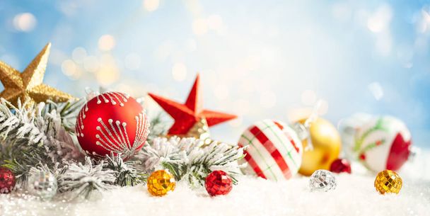 Christmas winter background with gift box, Christmas baubles and - 写真・画像