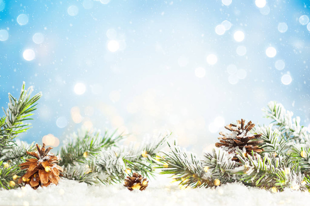 Rami di abete di Natale con pigne su azzurro sfocato - Foto, immagini