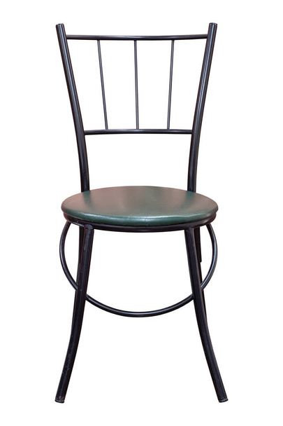 Front View of Black Metal Chair with Leather Seat Isolated on Wh - Foto, Imagen