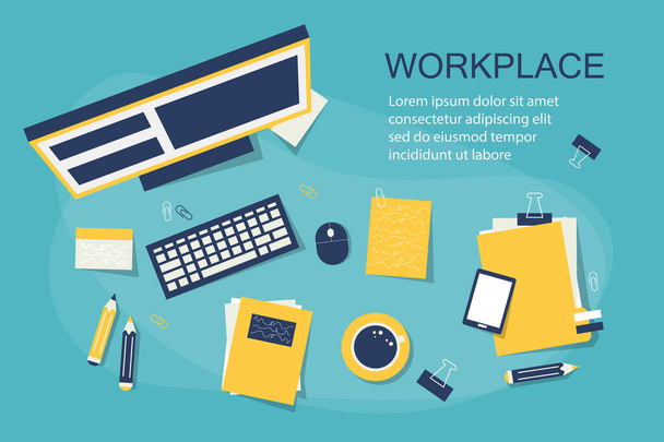 Workplace web banner. Office workspace and business - Vector, Image