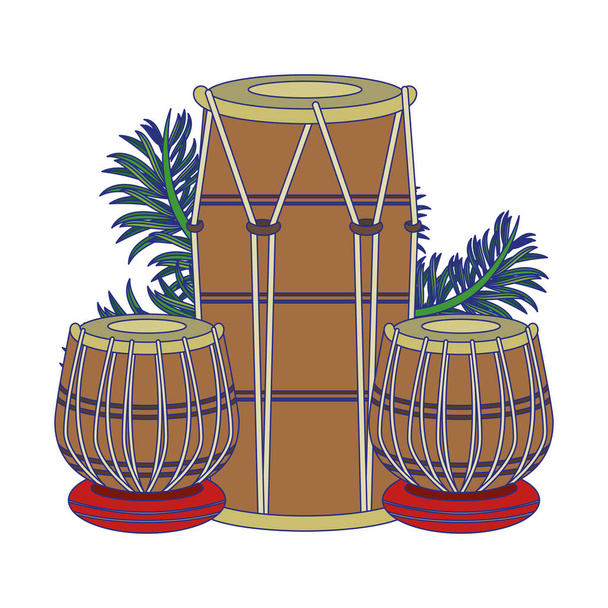 Indian tabla drums with leaves blue lines - Vector, Image