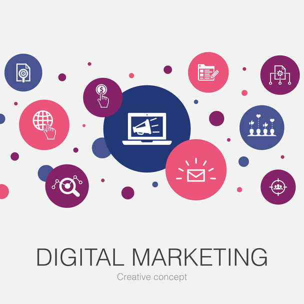 Digitális marketing trendi kör sablon egyszerű ikonok. Tartalmaz olyan elemeket, mint az internet, Marketing kutatás, Szociális, Fizetés kattintásonként - Vektor, kép