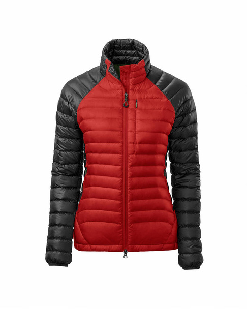 Vermelho feminino com casaco de desporto quente preto puffer isolado sobre fundo branco. Manequim de fantasma fotografia
 - Foto, Imagem