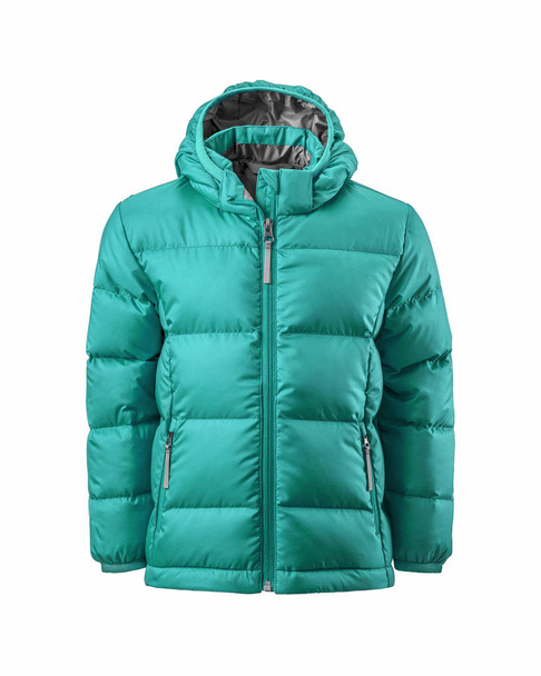 Kids' turquoise hooded warm sport puffer jacket isolated over white background. Ghost mannequin photography - Photo, Image