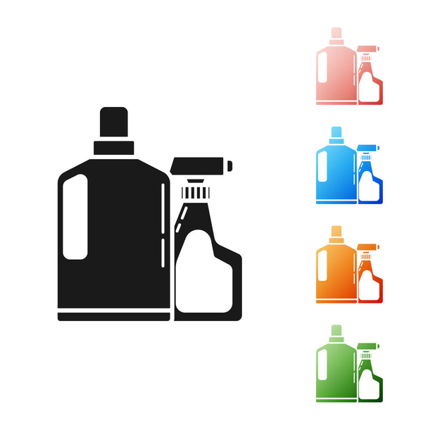 Fekete műanyag palackok folyékony mosószer, fehérítő, mosogatószer folyadék vagy más tisztítószer ikon izolált fehér alapon. Állítsa be az ikonok színes. Vektorillusztráció - Vektor, kép