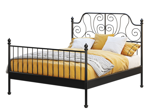 Skandynawskie podwójne metalowe łóżko ramowe z pomarańczową pościelą. 3d renderowanie - Zdjęcie, obraz