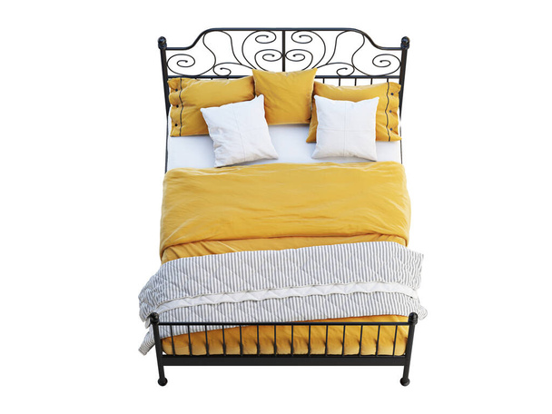 Skandinávská manželská kovová postel s oranžovým povlečením. 3D vykreslení - Fotografie, Obrázek