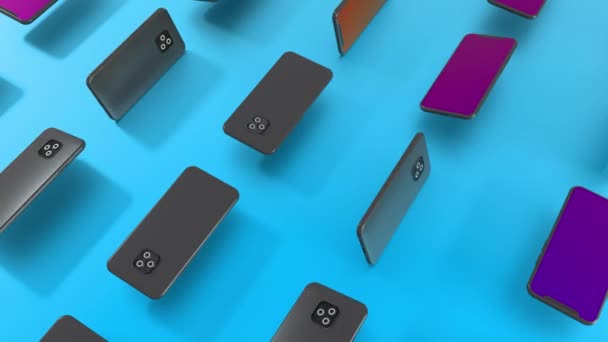 3D computer render of many smartphones rotating on Blue background surface. 4k animation. - Filmati, video