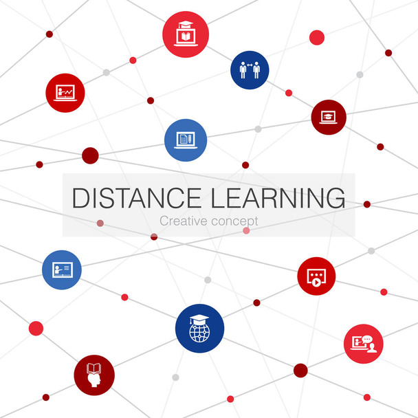 Distance Learning trendy webové šablony s jednoduchými ikonami. Obsahuje prvky jako je online vzdělávání, webinář, proces učení, video - Vektor, obrázek