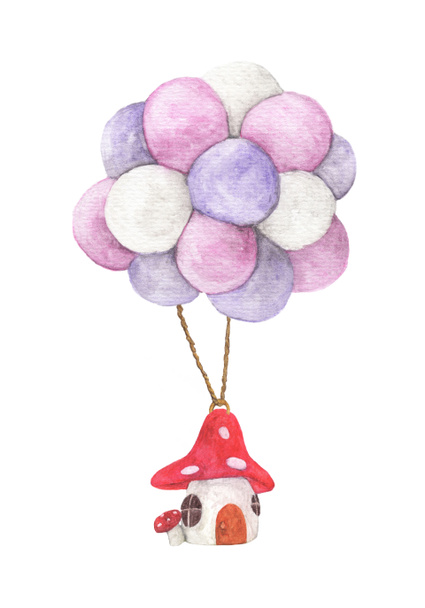 Mushroom house hanging with colorful balloon, business concept and asset management idea, watercolor illustrations isolated on white background. - 写真・画像