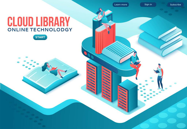 Könyvtár online izometrikus kezdőlap, digitális oktatási koncepció, emberek olvasni könyvet laptop, tanulmány szótár az egyetemen, felhő számítástechnika, információs adatbázis, weboldal sablon tervezés - Vektor, kép