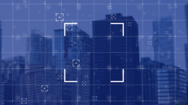 Animation of scope and grid with cityscape on a blue background - Felvétel, videó