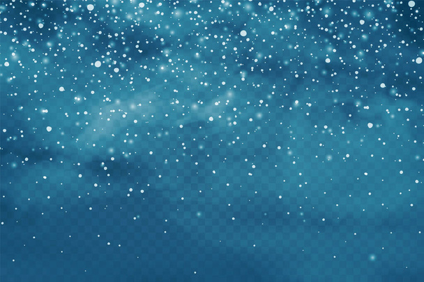 Ρεαλιστική πτώση χιονιού με χιονονιφάδες και σύννεφα. Χειμωνιάτικο διαφανές φόντο για την κάρτα Χριστουγέννων ή Πρωτοχρονιάς. Αποτέλεσμα πάγου, χιονοπτώσεις, πάγος. Απεικόνιση διανυσματικών φορέων. - Διάνυσμα, εικόνα