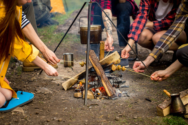 young tourists having a rest, roasting mushrooms on sticks - Foto, imagen