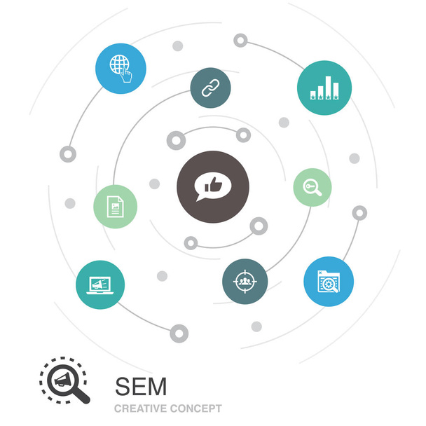 Concept de cercle coloré SEM avec des icônes simples. Contient des éléments tels que moteur de recherche, marketing numérique, contenu
 - Vecteur, image
