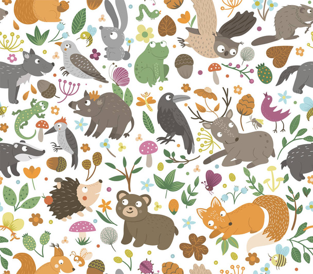 Vector seamless pattern with hand drawn flat funny animals - Vector, Image
