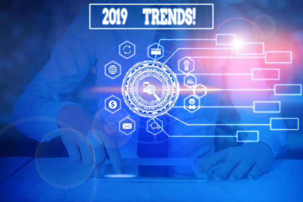 Writing note showing 2019 Trends. Business photo showcasing general direction in which something is developing or changing Woman wear formal work suit present using smart latest device. - Fotoğraf, Görsel