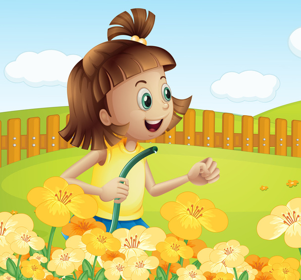 Дівчина поливає рослини в саду
 - Вектор, зображення