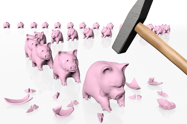 Piggy banks in wachtrij onder de hit van de hamer - Foto, afbeelding