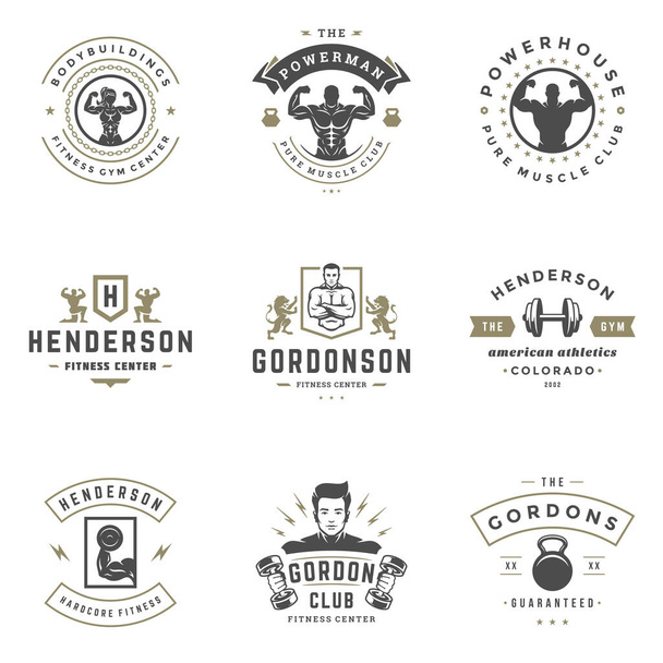 Fitness center and sport gym logos and badges design set vector illustration. - Vector, Image