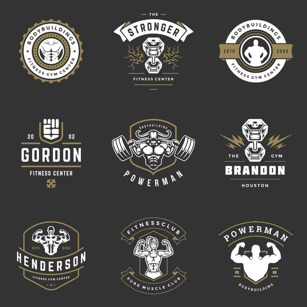 Fitness center and sport gym logos and badges design set vector illustration. - Wektor, obraz