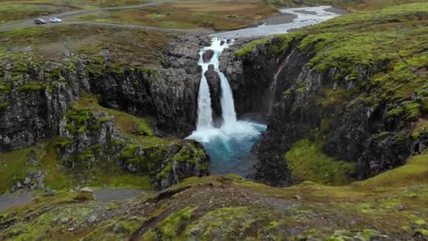 Iceland waterfall nature travel landscape in Icelandic nature background, top view - Filmati, video