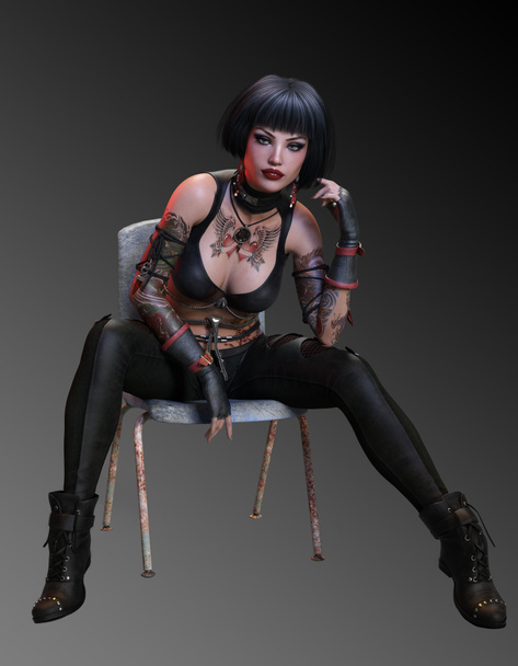 Cyberpunk Si Fi vrouw in zwart leer met tatoeages - Foto, afbeelding