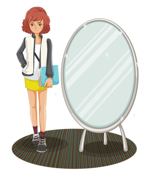 μια μαθήτρια στέκεται δίπλα στον καθρέφτη - Διάνυσμα, εικόνα