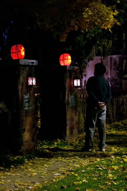 Поклонник Хэллоуина у ворот кладбища с привидениями
  - Фото, изображение