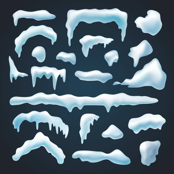 Conjunto de gorras de nieve, ventisqueros de diversas formas, elementos decorativos estacionales nevados, ilustración vectorial aislada
. - Vector, Imagen