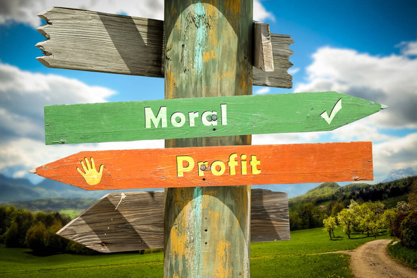 Straatnaambord naar moreel versus winst - Foto, afbeelding