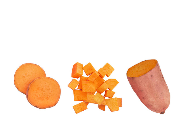 Sweet potato isolated on white background closeup. Top view. Flat lay. - Foto, Imagem