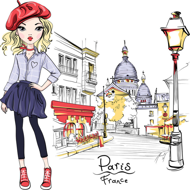 Vector fashion girl in Paris - Vector, Image