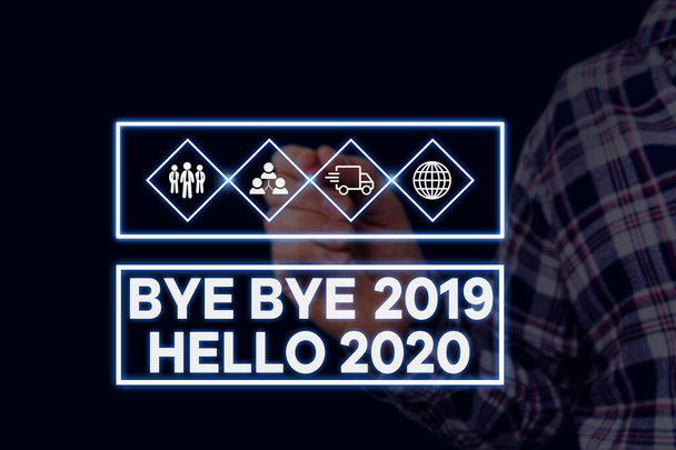 Text sign showing Bye Bye 2019 Helló 2020. Koncepcionális fotó búcsút mond a tavalyi és üdvözlő egy másik jó kép fotó rendszer hálózati rendszer modern technológia intelligens eszköz. - Fotó, kép