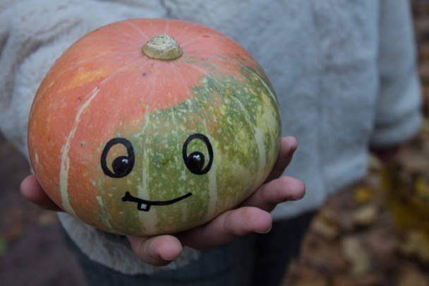 A teenage girl and a pumpkin in her hands with a funny painted face - Fotoğraf, Görsel